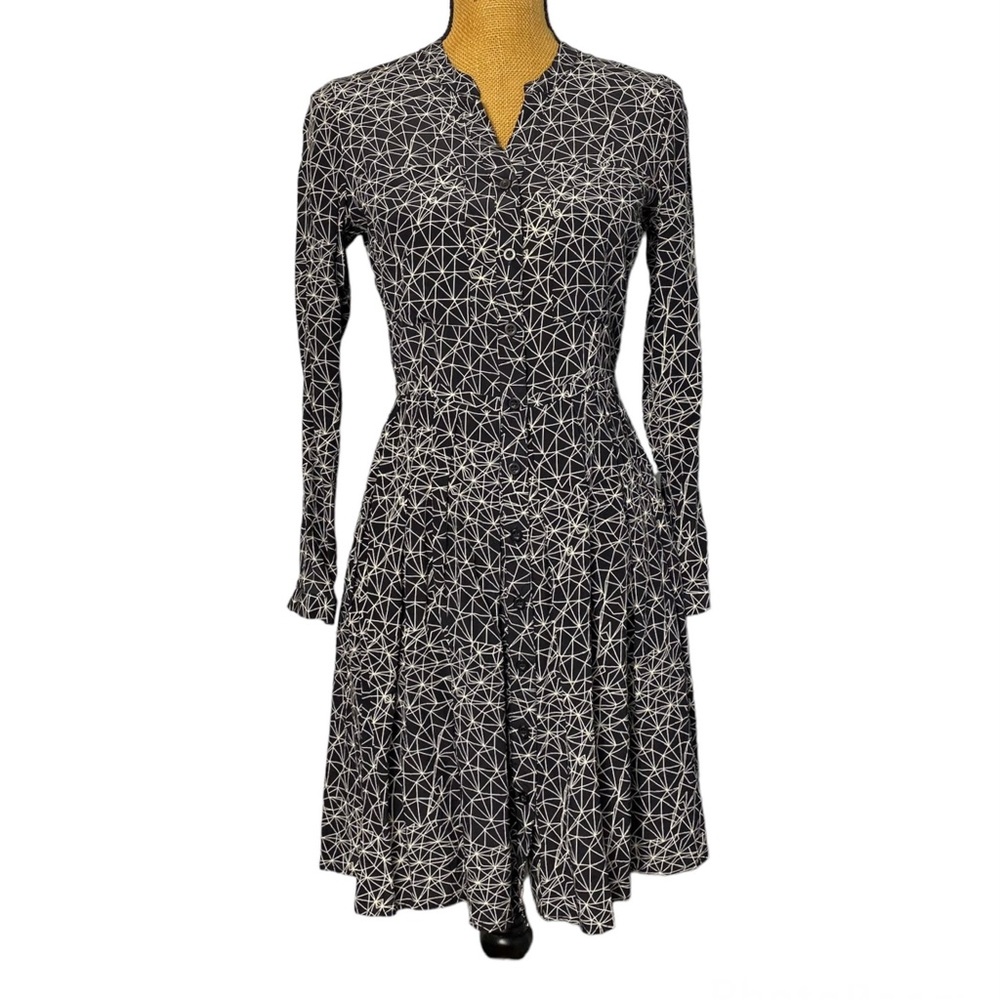 Tylho Button Down Pleated Silk Black/White Geometric Print Long Sleeve Dress S